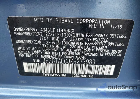 2019 Subaru Crosstrek 2.0I Premium from USA, damaged, VIN JF2GTAEC8KH273983